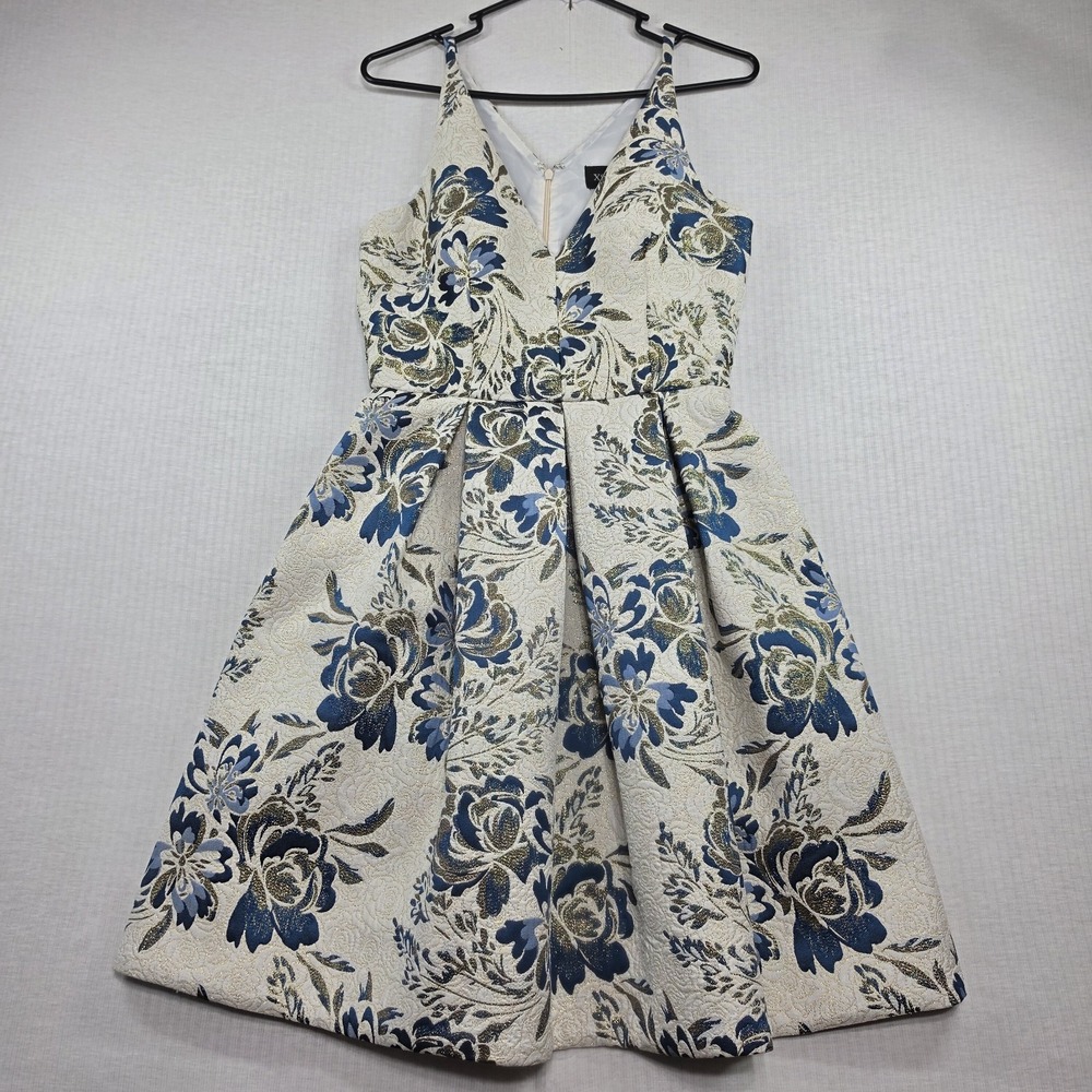 XSCAPE Blue Gold Floral Brocade Jacquard Fit & Flare Dress Size 4 Formal Glam